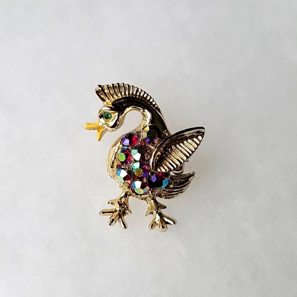 Vintage Multi Color Rhinestone  Gold Tone Duck Brooch Pin